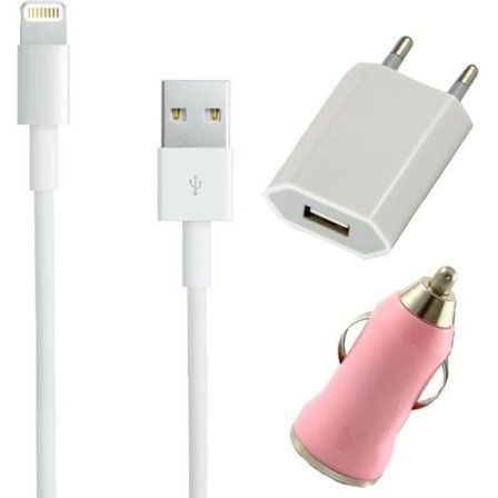 [Kompatibel iPhone XSMAX-XR-XS-X-8PLUS-8-7PLUS-7-6PLUS-6-5-SE] Pack Laddare 3-i-1 Kabel - Väggladdare - Biladapter Rosa