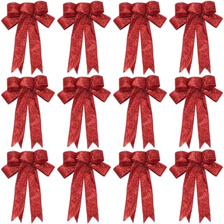12 stk. juleglitterbuer bånd, røde julekransbuer