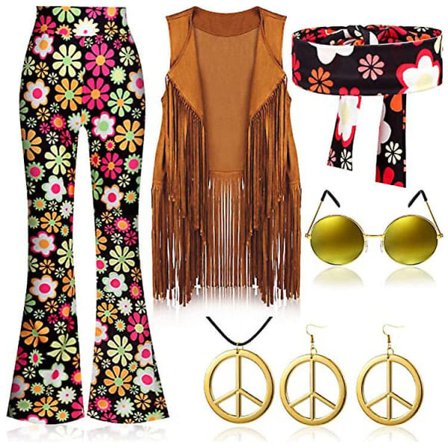70'er Hippie Party Retro Kostume Tassel Vest+bukser+sjal Kostume sort S