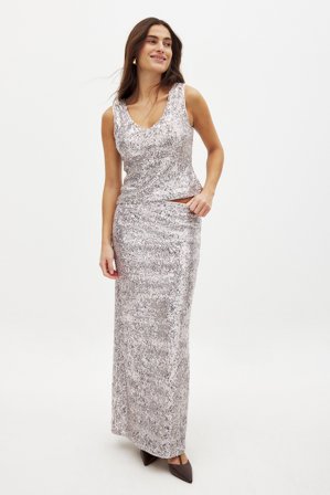 NA-KD Jupe mi-longue ondulée à sequins - Sets De Fête Pour Le Nouvel An - Argent - M (EU 38-40)