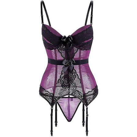Plus Size Korset Undertøj Blonde Blomster Gennemsigtige Polstrede Skål Korsetter Stropper Undertøj Bowknot Korset Bustiers med seler Lilla