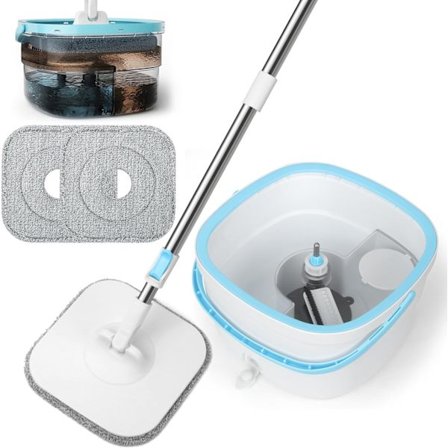 130 cm moppset med hink, 2-i-1 filtreringssystem för att separera smuts från färskvatten, rengöringshink, mopp med vridfunktion, levereras med 2 mi