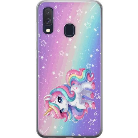 Yhteensopiva Puhelinkuori Samsung Galaxy A40 Stitch polaroid-kehyksissä sinisillä pastellisävyillä ja suloisilla ilmeillä kollaaseissa sydämillä