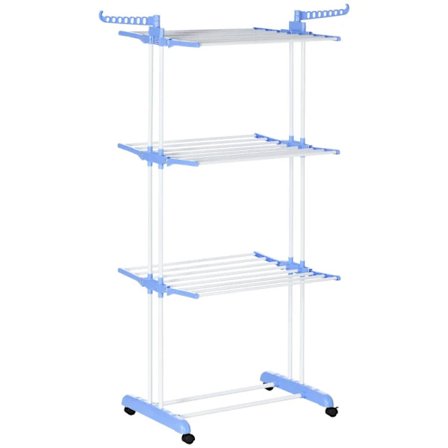 Rootz Clothes Airer - 4 nivåer - Fällbar - 4 hjul - Robust - 2 bromsar - Rostbeständigt stål - Metallram - Blå + Vit - 73 x 64 x 177cm