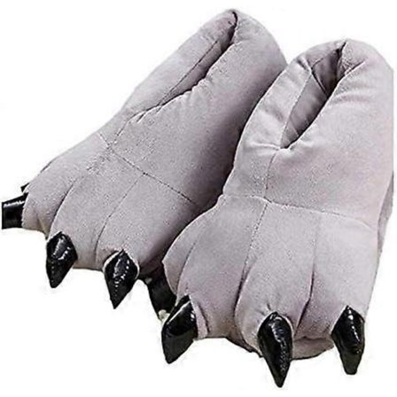 Unisex plysjtøfler med dyrepoter, varme og komfortable tøfler, dinosaurtøfler, komfortable plysjtøfler for gutter og jenter i grått.
