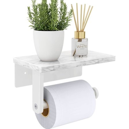 Toiletpapirholder med hylde i naturlig marmor, Toiletpapirholder til badeværelse Toilet Hvid