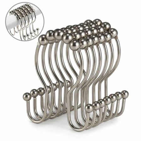 Duschdraperikrokar, 12 st, rostfritt stål, rullsäkra, glidande, anti-dropp, dubbla duschkrokar för gardin, badrum, duschdraperier