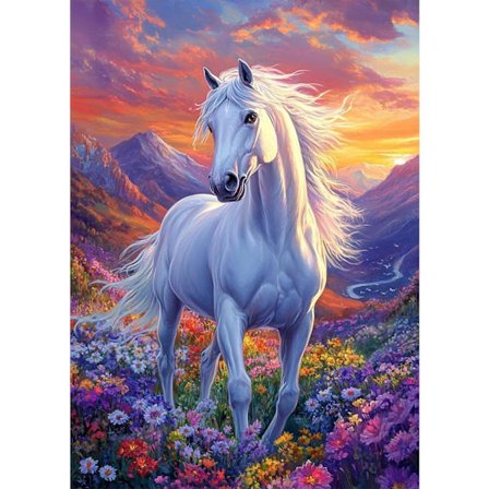 5D Diamantmaling – Hest & Blomster ved Solnedgang, Full Drill DIY Perlebroderi (30x40 cm) – Dyremotiv for Veggdekorasjon_TF_TF