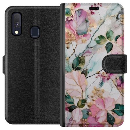 Kompatibel Tegnebogsetui til Samsung Galaxy A40 Abstrakt marmormønster med blomster, blade og gyldne detaljer i bløde pastelfarver