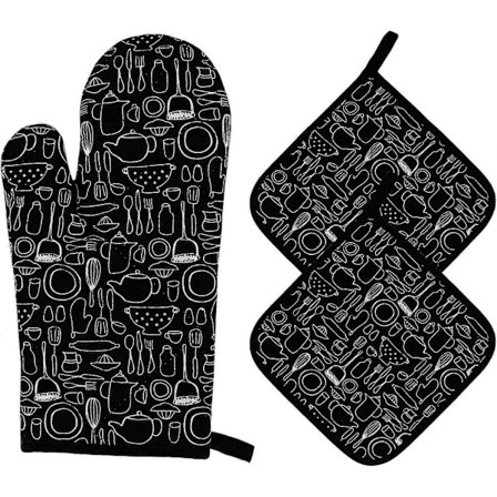 Ugnshandskar och grytlappar, köksvärmebeständiga bomullsvantar, långa muddar, bakhandskar för grillning, matlagning, bakning, mikrovågsugn, 3 st [DB]