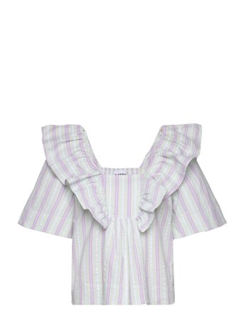 Ganni | Stripe Seersucker Ruffle Blouse | 38