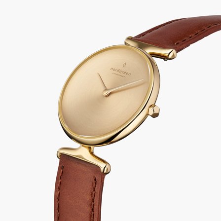 Nordgreen Women's Minimal Small Face Dress Watch - Gold Case - Brushed Metal Dial - 28mm Brown Leather Strap White Dial Unika