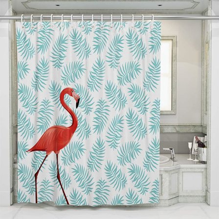 Hurtig og holdbar polyester kaktus blad flamingo mønster bruseforhæng med 12 kroge 180x180 cm flamingo og blad
