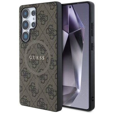 Guess 4G-farget ring i lær Classic MagSafe-etui med logo Samsung Galaxy S25 Ultra brun
