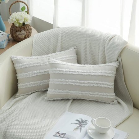 Boho dekorativa kuddfodral 12x20 set om 2, neutralrandiga kuddfodral, beige bomull linne ländryggen kuddfodral för soffa soffa vardagsrum.