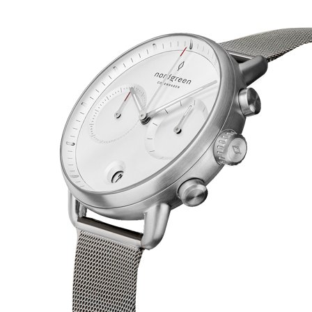 Nordgreen Men's Scandinavian Wrist Watch - Silver Case - White Dial - Silver Mesh Watch Strap Pioneer White Dial Chronograph