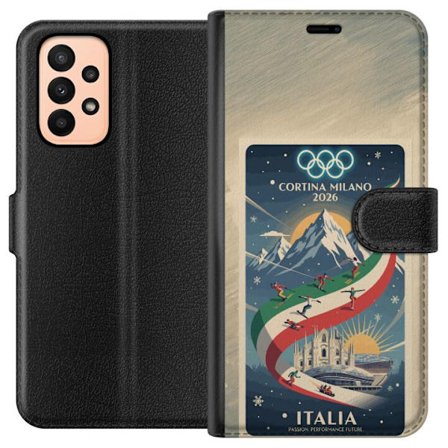 Yhteensopiva Lompakkokotelo Samsung Galaxy A23 Mäkihyppykuvitus, jossa hiihtäjä tähtää kiväärillä lumisella radalla, teksti Milano Cortina 2026 ja oly