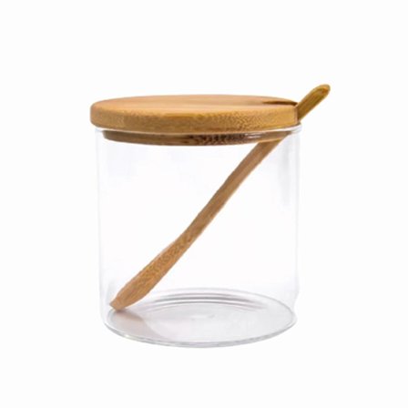 300 ml Glas Krydderiopbevaringskrukker med Bambuslåg og Ske Køkken Krydderiboks Krydderibeholder Sukker Salt Peber Opbevaringskrukke Klar