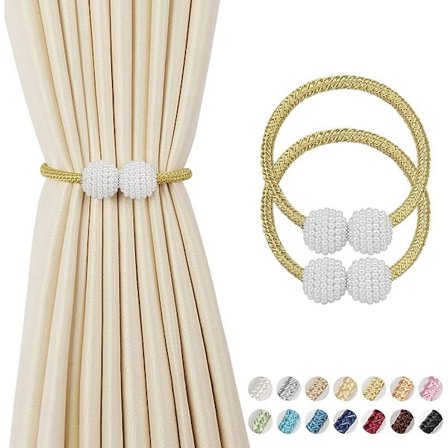 2 magnetiske gardinholdere (gull) - 42 cm lange perlekule gardin magnetiske holdere, europeisk stil gardinklips, snorspenner for hjem, kontor og 