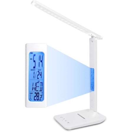 Dimbar LED-bordlampe, 3 moduser/ 5 lysstyrkenivåer/LCD-skjerm/alarmklokke/temperatur og kalender, øyebeskyttende berørings-LED-skrivebordslampe