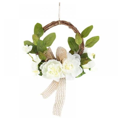 Keinotekoinen seppele 16 tuumaa valkoiset pionit pastoraalinen kuollut oksa rottinkiympyrä sisä- ja ulkoikkunan takan koriste