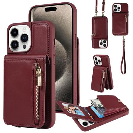 For Iphone 15 Pro Etui Fallsikkert Pu+tpu Støttefot Glidelås Lommetelefonbeskytter Wine Red