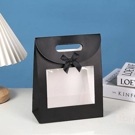 Sterk Papir Stående Gavepose, 26 Cm X 19 Cm X 9 Cm, Brun Kraftpose Med Klar Vindu Og Sløyfe - Pakke Med 12Svart Black