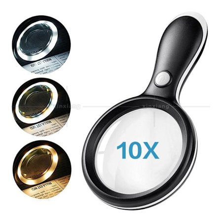 10X Forstørrelsesglass med 18 LED-lys - 3 lysmoduser for lesing, håndverk, inspeksjon - Svart - Ideell for eldre og barn