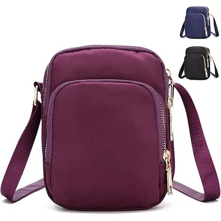 Crossbody Telefonväska Dam, Nylon Plånbok Axelväska, 3 Lager Dragkedja Mobiltelefonväska med Justerbar Rem (Lila)