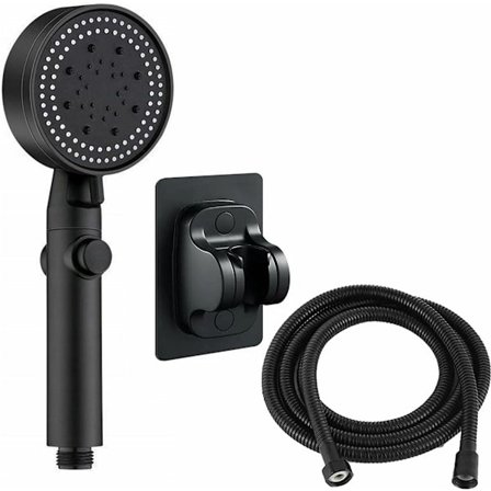 Brusehoved med slange og vægholder, 6 indstillinger, vandbesparende håndholdt brusesæt med stopknap, mat sort