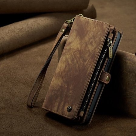 Fodral för iPhone16 Brunt Läder Snodd Dragkedja Plånbok Kortplats