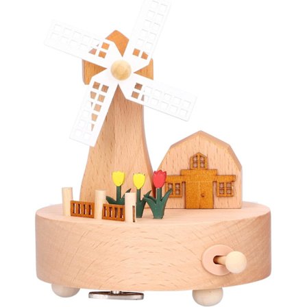 Tuulimyllymusiikkilaatikko, Kestävä ja Kestävä Puinen Musiikkilaatikko Sileällä Tekstuurilla, Tuulimylly- ja Linnakuvioilla, Sopii Koti-Sisustukseen, 