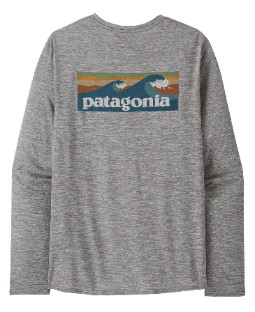 Patagonia M's L/S Cap Cool Daily Graphic Shirt - Waters Boardshort Logo Abalone Blue: Feather Grey