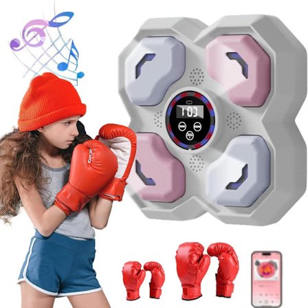 Kestävä nyrkkeilysäkki Bluetooth-musiikilla, seinäteline, hiekkasäkki, sisältää 2 paria nyrkkeilyhanskoja, pinkki ja valkoinen