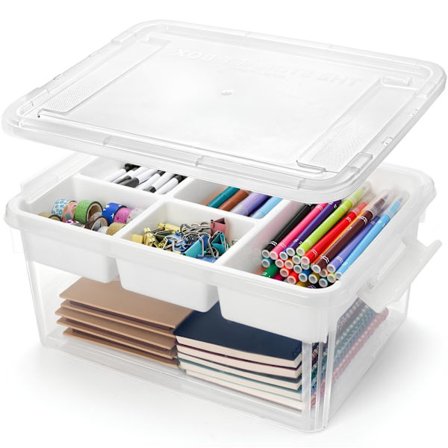 Förvaringslåda i plast med avtagbar bricka, genomskinlig förvaring för konstmaterial, stapelbar med lock och handtag