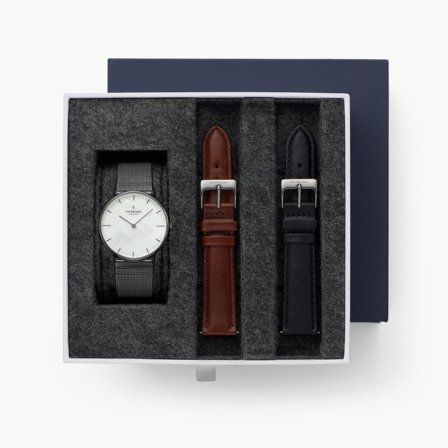 Nordgreen - Deens Design Elegant Polshorloge - Zwart Wijzerplaat - Milanaise Zwart / Bruin Leren Horlogebandje Native white dial