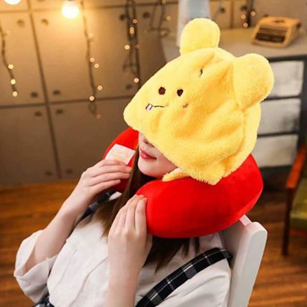 U-formet nakkepute med søt tegneserie-dyr 2 i 1 hette koselig reisepute hode stressavlastning fly