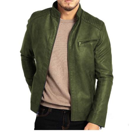 Läderjacka Med Ståkrage För Män Motorcykel Ytterkläder Green M