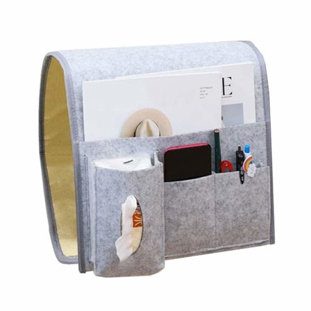 Yöpöytälaukku, Säilytyslaukku sänkyyn, Ripustuslaukku sohvalle, Järjestäjä yöpöydälle, Puhelin, Kaukosäädin, Päiväkirja, Kynä, Lehti, Lunnetit (Harmaa