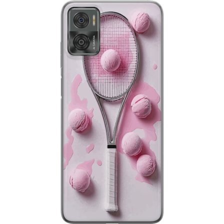 Kompatibel Mobilcover til Motorola Motorola Moto E22i Rosa glaskugler og tennisketsjer i et kreativt stillbillede med legende popfølelse og moderne d