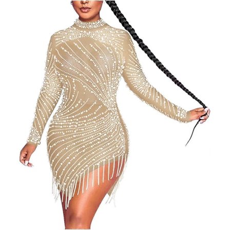 Cocktailkjoler for kvinner, sexy dyp V-hals, full av frynser, spaghettistropper, kjole med paljetter og fjær for ball
