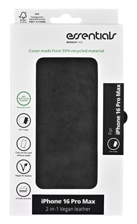 Essentials iPhone 16 Pro Max PU wallet, detach, recycled, 3 cards,black