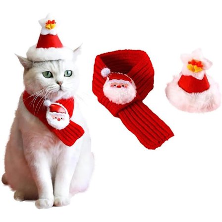 Julehat og Halstørklæde til Kæledyr Kat Hund Strikket Juletilbehør Sæt_TF_TF
