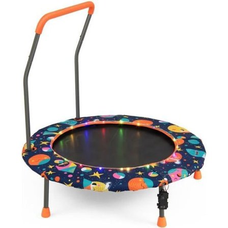 Trampolin til Børn 92CM COSTWAY-21 Farverige LED-lys-Aftageligt Greb-Rund Hoppematte-3-6 År-Indendørs Udendørs-Blomst