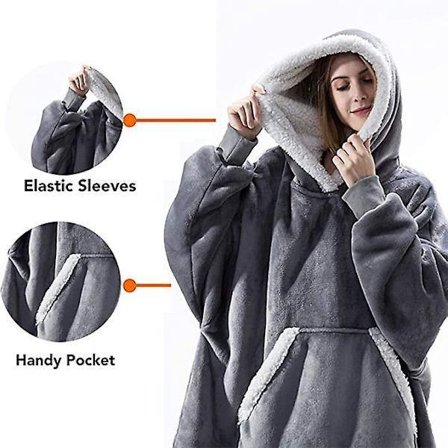 Överdimensionerad Filt med Huva Portabel Lamm Sammet Bekväm Filt Grå