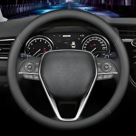 Læder Bilrat Betræk, Fashion Skridsikkert Læder Bil Interiør 15 Tommer (ca. 38 cm) Universal (Sort)