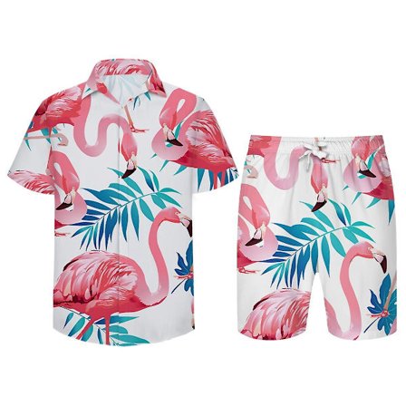 Allthemen Men's pink Flamingo Print Beach Shorts Beach Short-sleeved Shirt 2 Pcs