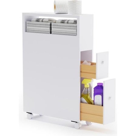 COSTWAY mobile badeværelsesmøbler - 2 skuffer 2 rattankurve og 4 universelle hjul, toiletbørstetank