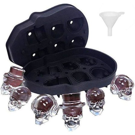 En silikonisbitform formet som et hodeskalle, 3D-hodeskalle silikonisbitform, med mini-trakt, perfekt for whisky, cocktailer og enhver drikke (6 