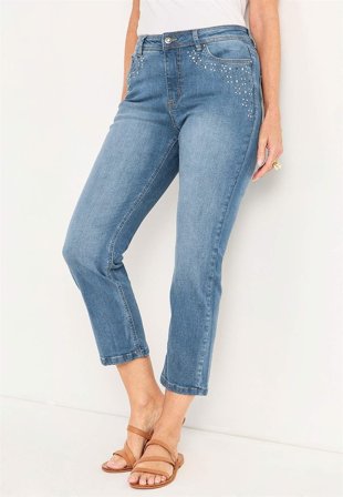 Cellbes of Sweden - Ankeljeans med perler og rhinsten Johanna i mellemblå / denim til damer i størrelse 52